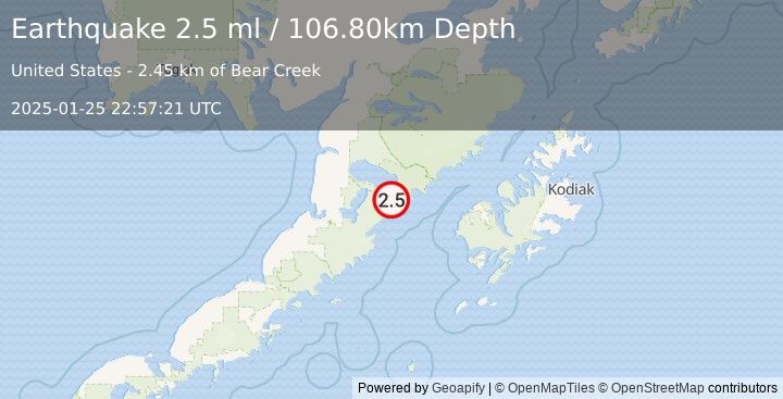 Earthquake 83 km ENE of Ugashik, Alaska (2.5 ml) (2025-01-25 22:57:21 UTC)