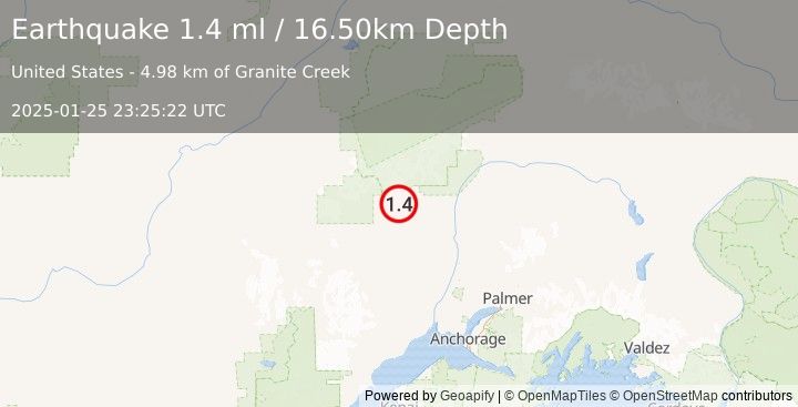 Earthquake 25 km W of Petersville, Alaska (1.4 ml) (2025-01-25 23:25:22 UTC)