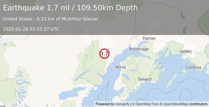 Earthquake 72 km W of Tyonek, Alaska (1.7 ml) (2025-01-26 03:37:37 UTC)