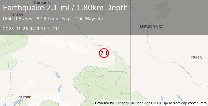 Earthquake 20 km S of Tok, Alaska (2.1 ml) (2025-01-26 04:02:12 UTC)