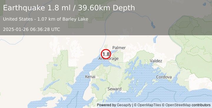 Earthquake 5 km WNW of Point MacKenzie, Alaska (1.8 ml) (2025-01-26 06:36:28 UTC)