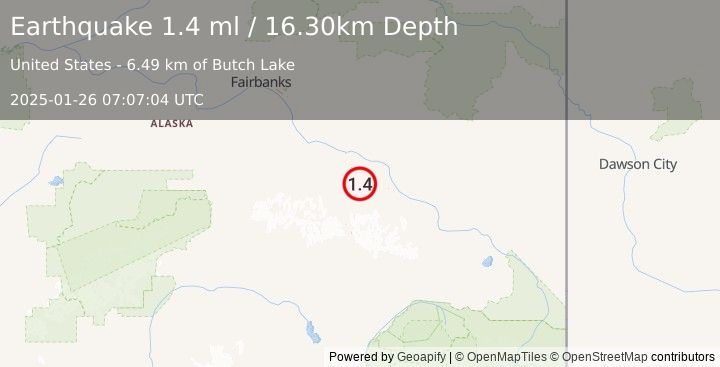 Earthquake 8 km SSE of Fort Greely, Alaska (1.4 ml) (2025-01-26 07:07:04 UTC)