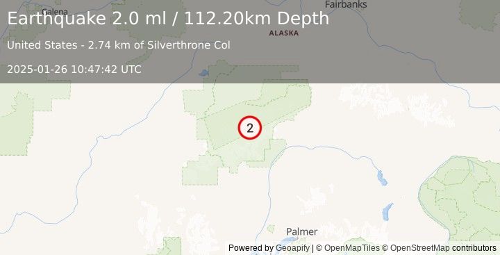 Earthquake 67 km SE of Denali National Park, Alaska (2.0 ml) (2025-01-26 10:47:42 UTC)