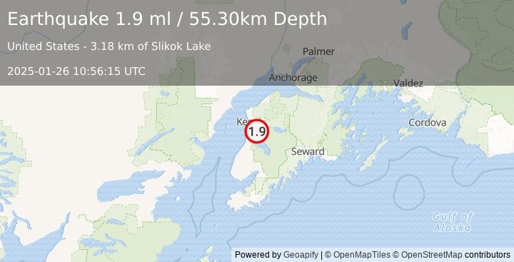 Earthquake 9 km SSE of Soldotna, Alaska (1.9 ml) (2025-01-26 10:56:15 UTC)