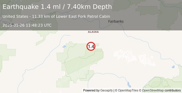 Earthquake 39 km WSW of Ferry, Alaska (1.4 ml) (2025-01-26 11:48:23 UTC)