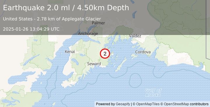 Earthquake 33 km S of Whittier, Alaska (2.0 ml) (2025-01-26 13:04:29 UTC)