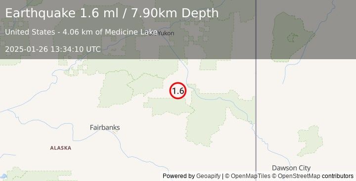 Earthquake 16 km ESE of Central, Alaska (1.6 ml) (2025-01-26 13:34:10 UTC)