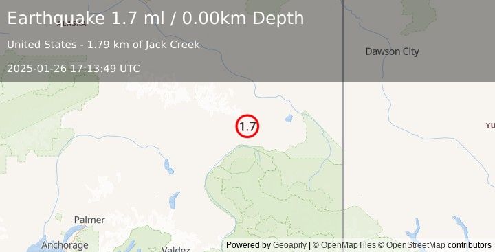 Earthquake 16 km WNW of Mentasta Lake, Alaska (1.7 ml) (2025-01-26 17:13:49 UTC)