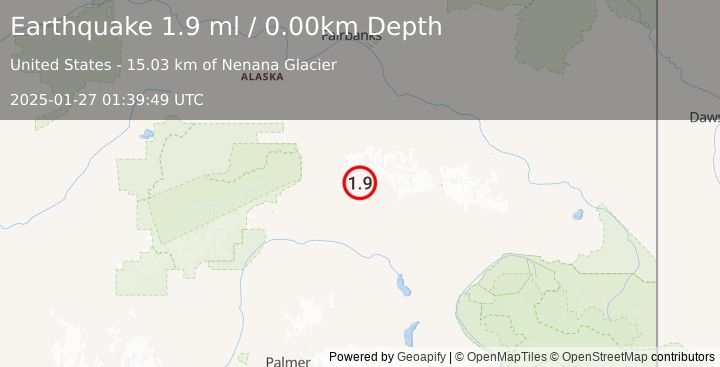 Earthquake 71 km E of Cantwell, Alaska (1.9 ml) (2025-01-27 01:39:49 UTC)