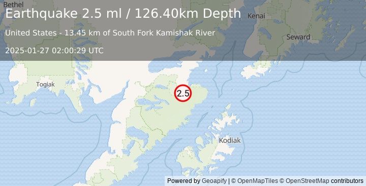 Earthquake 67 km SSE of Kokhanok, Alaska (2.5 ml) (2025-01-27 02:00:29 UTC)