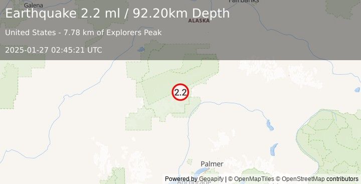 Earthquake 64 km NNE of Petersville, Alaska (2.2 ml) (2025-01-27 02:45:21 UTC)