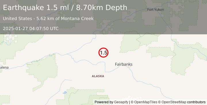 Earthquake 8 km NNE of Minto, Alaska (1.5 ml) (2025-01-27 04:07:50 UTC)