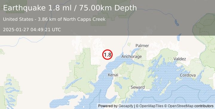 Earthquake 35 km WNW of Beluga, Alaska (1.8 ml) (2025-01-27 04:49:21 UTC)