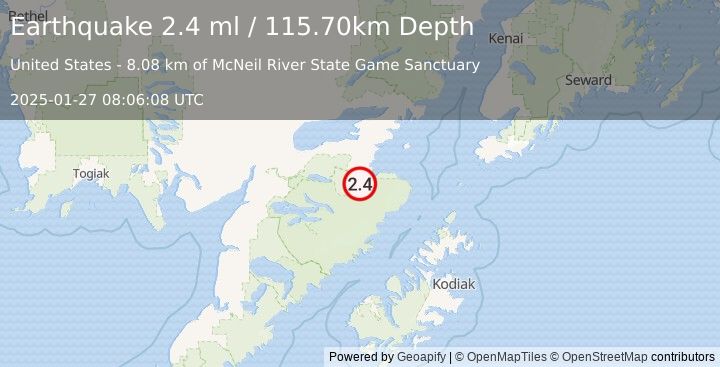 Earthquake 58 km SSE of Kokhanok, Alaska (2.4 ml) (2025-01-27 08:06:08 UTC)