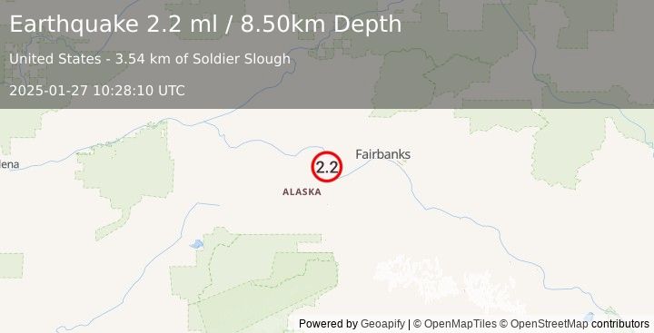 Earthquake 11 km NNE of Four Mile Road, Alaska (2.2 ml) (2025-01-27 10:28:10 UTC)