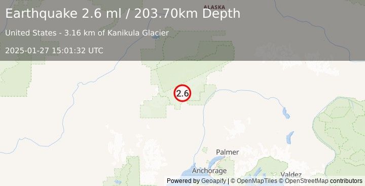 Earthquake 36 km NNW of Petersville, Alaska (2.6 ml) (2025-01-27 15:01:32 UTC)