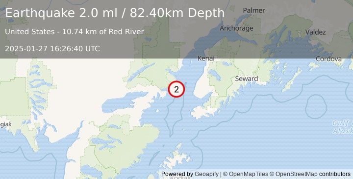 Earthquake 42 km W of Anchor Point, Alaska (2.0 ml) (2025-01-27 16:26:40 UTC)