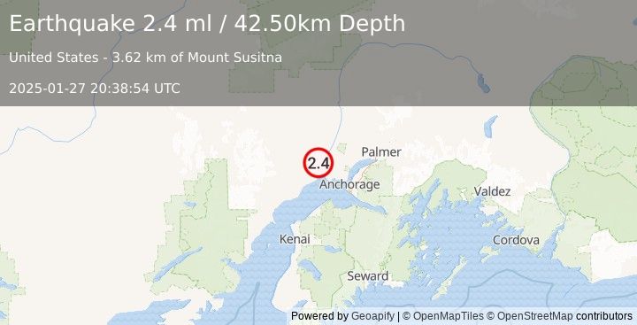 Earthquake 11 km SW of Susitna, Alaska (2.4 ml) (2025-01-27 20:38:54 UTC)