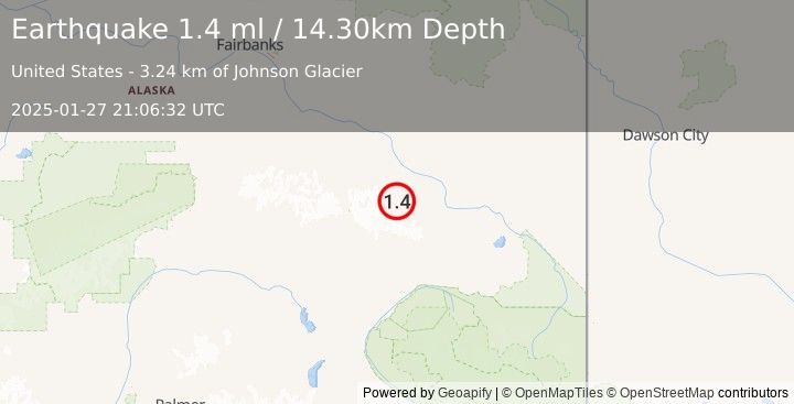 Earthquake 21 km SSW of Dry Creek, Alaska (1.4 ml) (2025-01-27 21:06:32 UTC)