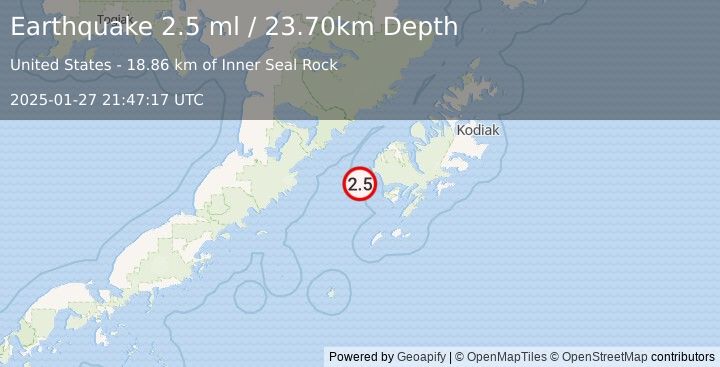 Earthquake 55 km WNW of Akhiok, Alaska (2.5 ml) (2025-01-27 21:47:17 UTC)