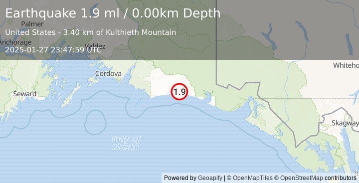 Earthquake 144 km S of McCarthy, Alaska (1.9 ml) (2025-01-27 23:47:59 UTC)