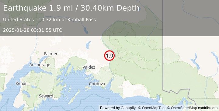 Earthquake 21 km SSE of Kenny Lake, Alaska (1.9 ml) (2025-01-28 03:31:55 UTC)