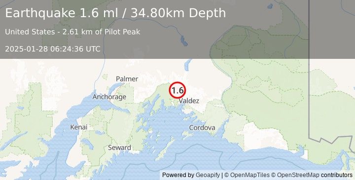 Earthquake 37 km NW of Valdez, Alaska (1.6 ml) (2025-01-28 06:24:36 UTC)