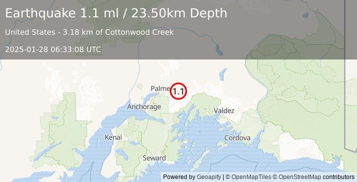 Earthquake 28 km S of Chickaloon, Alaska (1.1 ml) (2025-01-28 06:33:08 UTC)