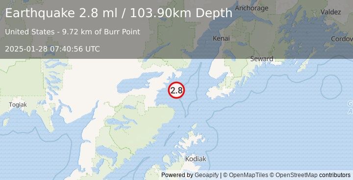 Earthquake 64 km SE of Pedro Bay, Alaska (2.8 ml) (2025-01-28 07:40:56 UTC)