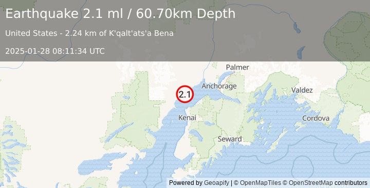 Earthquake 11 km WSW of Tyonek, Alaska (2.1 ml) (2025-01-28 08:11:34 UTC)