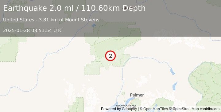 Earthquake 46 km NNW of Petersville, Alaska (2.0 ml) (2025-01-28 08:51:54 UTC)