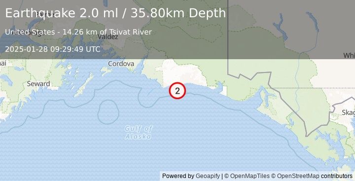 Earthquake 154 km ESE of Cordova, Alaska (2.0 ml) (2025-01-28 09:29:49 UTC)