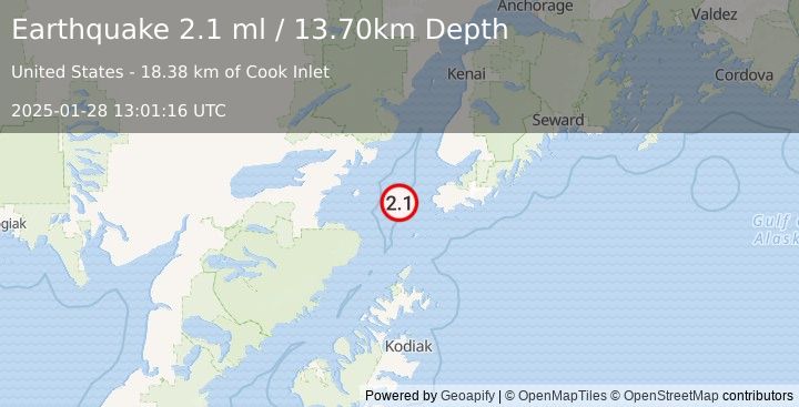 Earthquake 39 km WSW of Nanwalek, Alaska (2.1 ml) (2025-01-28 13:01:16 UTC)