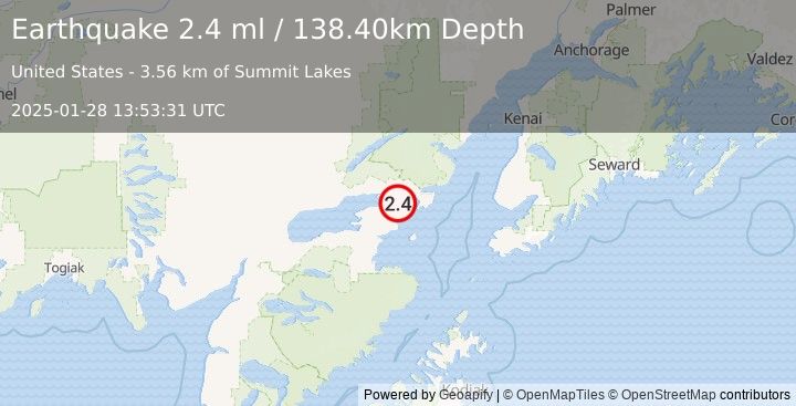 Earthquake 22 km ESE of Pedro Bay, Alaska (2.4 ml) (2025-01-28 13:53:31 UTC)