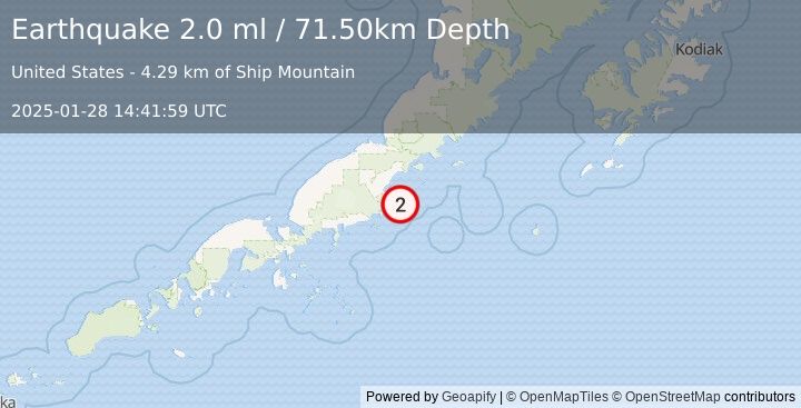 Earthquake 20 km SSE of Chignik, Alaska (2.0 ml) (2025-01-28 14:41:59 UTC)