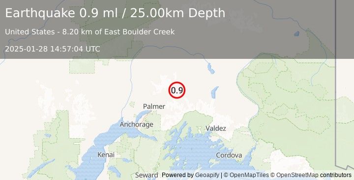 Earthquake 25 km NE of Chickaloon, Alaska (0.9 ml) (2025-01-28 14:57:04 UTC)