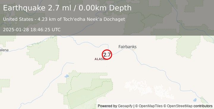 Earthquake 5 km WSW of Four Mile Road, Alaska (2.7 ml) (2025-01-28 18:46:25 UTC)