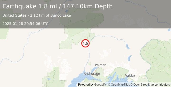 Earthquake 15 km ENE of Petersville, Alaska (1.8 ml) (2025-01-28 20:54:06 UTC)