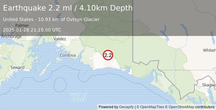 Earthquake 98 km S of McCarthy, Alaska (2.2 ml) (2025-01-28 21:18:00 UTC)