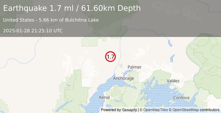 Earthquake 30 km E of Skwentna, Alaska (1.7 ml) (2025-01-28 21:25:10 UTC)