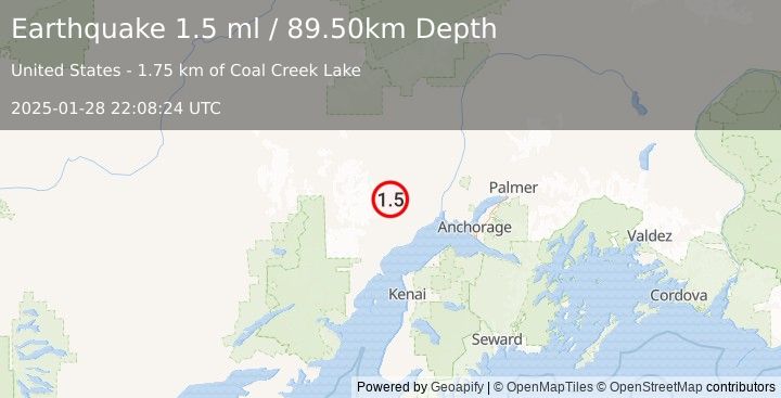 Earthquake 47 km NW of Beluga, Alaska (1.5 ml) (2025-01-28 22:08:24 UTC)