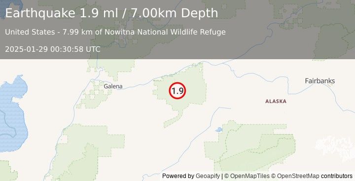 Earthquake 68 km E of Ruby, Alaska (1.9 ml) (2025-01-29 00:30:58 UTC)