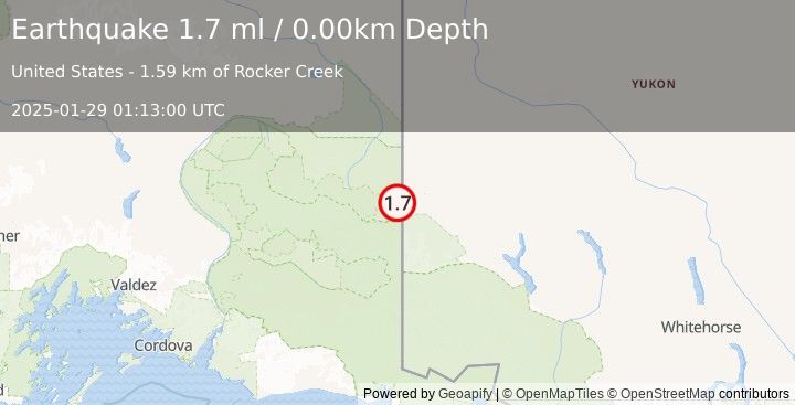 Earthquake 85 km S of Alcan Border, Alaska (1.7 ml) (2025-01-29 01:13:00 UTC)