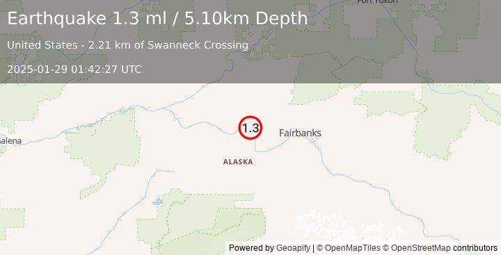 Earthquake 27 km S of Minto, Alaska (1.3 ml) (2025-01-29 01:42:27 UTC)