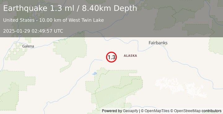 Earthquake 69 km SSW of Manley Hot Springs, Alaska (1.3 ml) (2025-01-29 02:49:57 UTC)