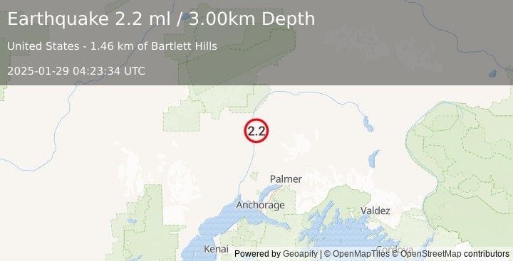 Earthquake 5 km ESE of Talkeetna, Alaska (2.2 ml) (2025-01-29 04:23:34 UTC)