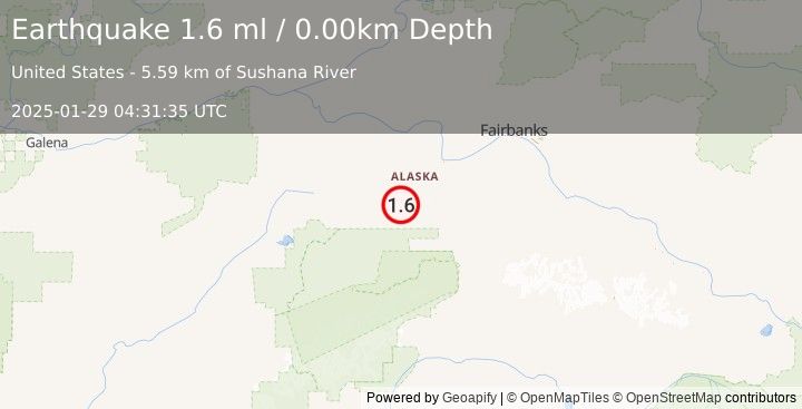 Earthquake 37 km W of Clear, Alaska (1.6 ml) (2025-01-29 04:31:35 UTC)