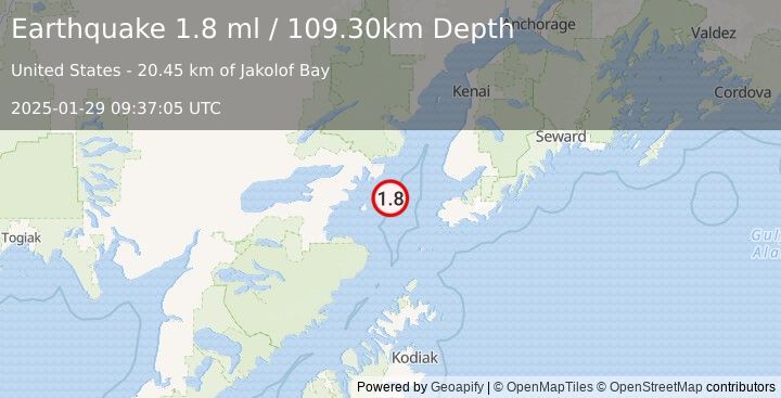 Earthquake 56 km W of Nanwalek, Alaska (1.8 ml) (2025-01-29 09:37:05 UTC)