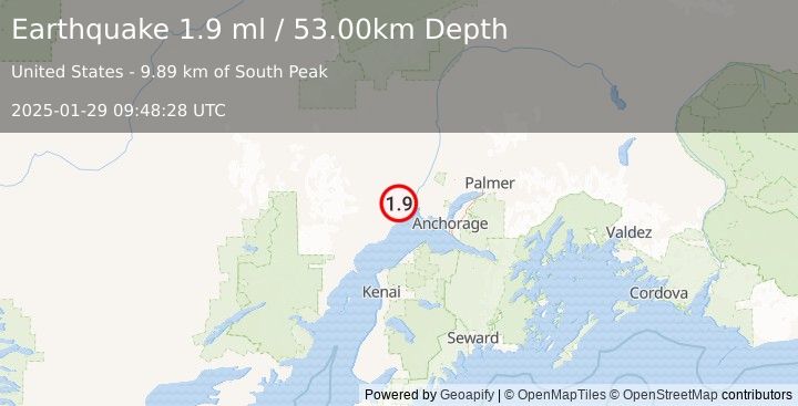 Earthquake 26 km SW of Susitna, Alaska (1.9 ml) (2025-01-29 09:48:28 UTC)