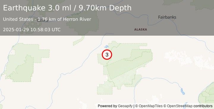 Earthquake 24 km WNW of Denali National Park, Alaska (3.0 ml) (2025-01-29 10:58:03 UTC)